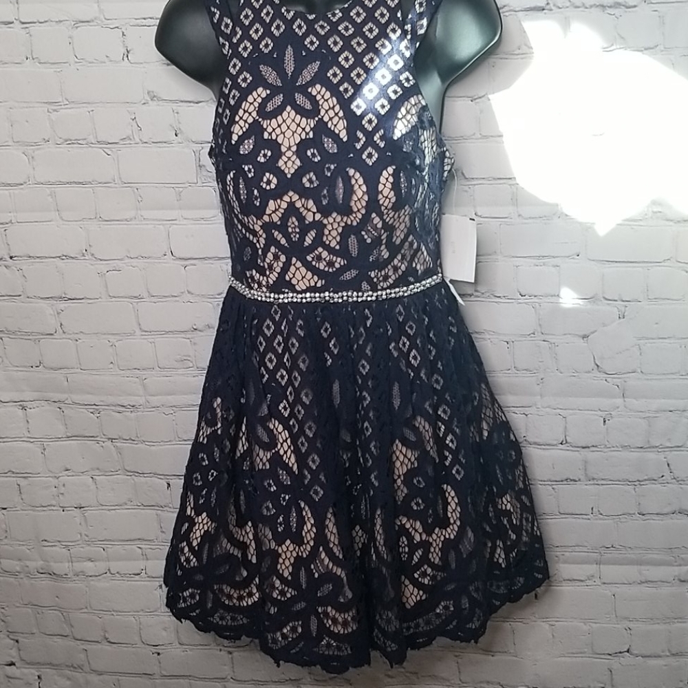 Jodi Kristopher dress navy blue lace overlay nwt